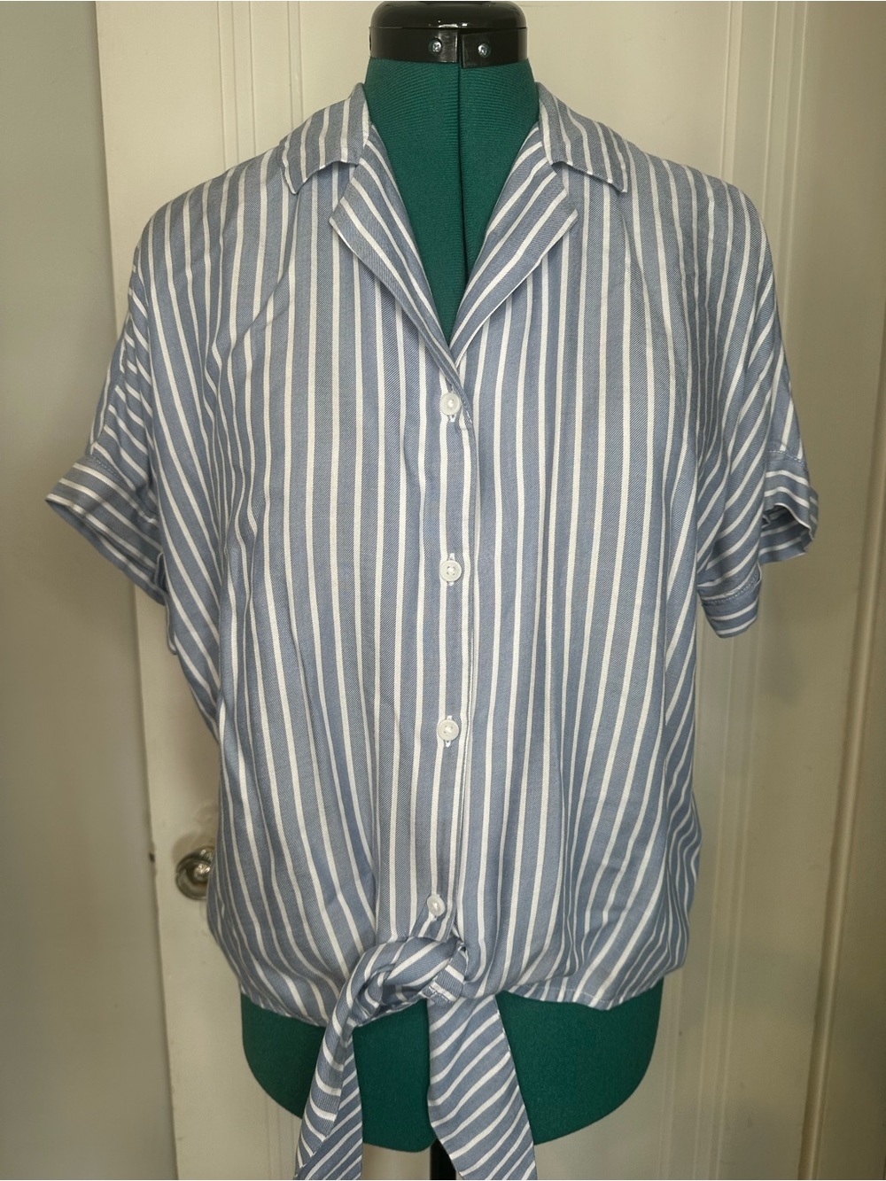 beachlunchlounge Blue and White Striped Tie-Front Blouse